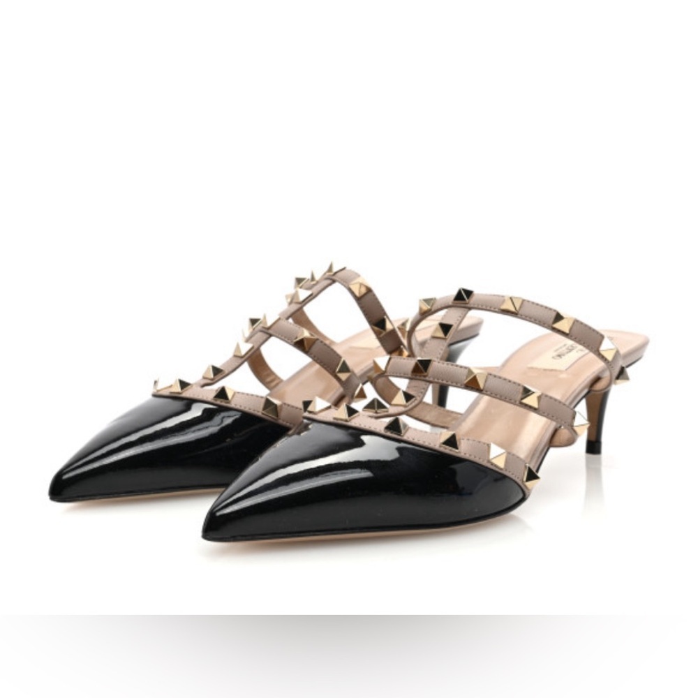 Valentino Black Patent Leather Pointed Studded Slingback Mules